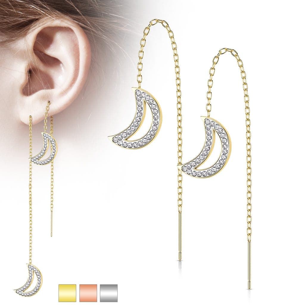 Paar threader oorbellen met ketting en maan belegd met kristallen