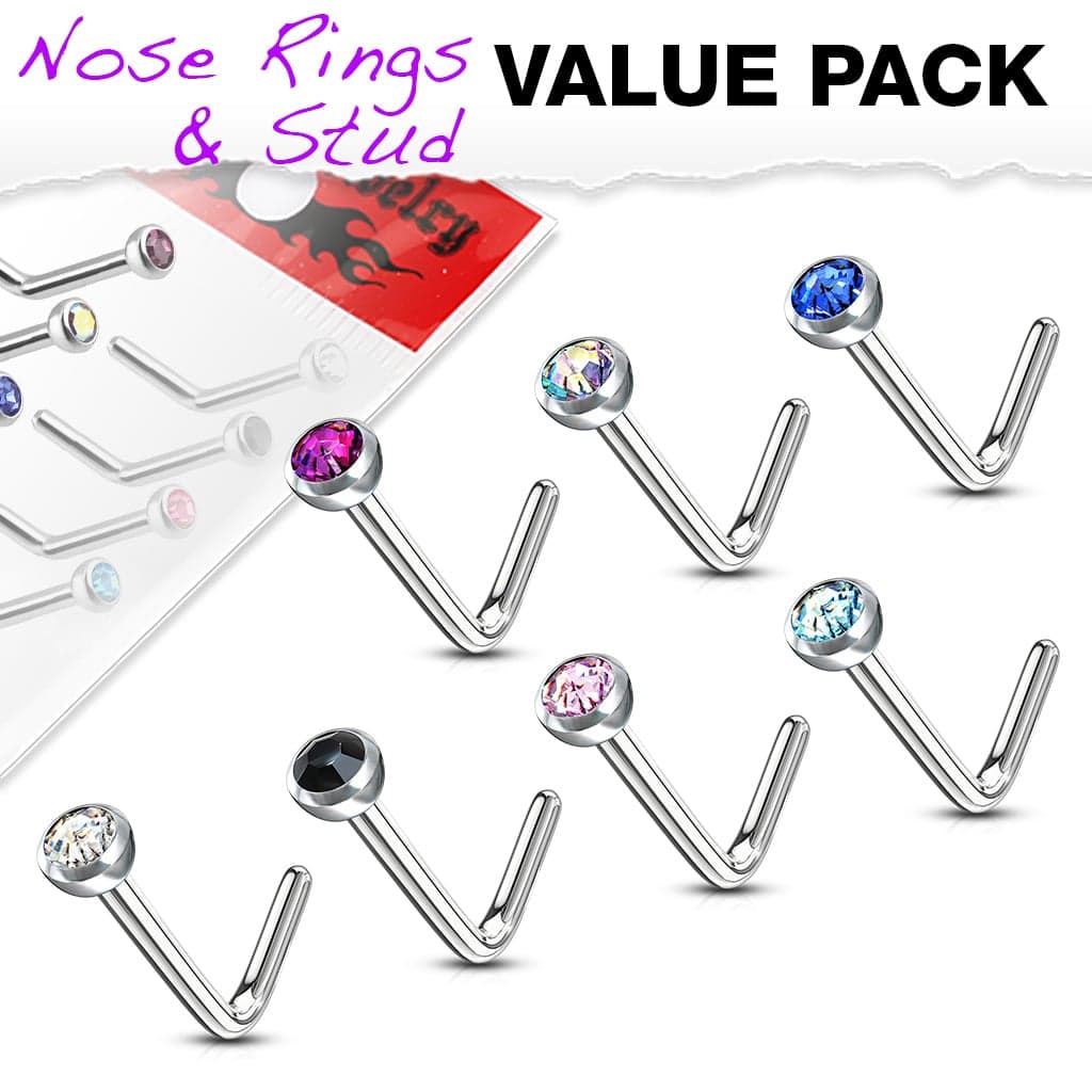 Set van 7 neus stud piercings met verschillende kleuren edelsteentjes