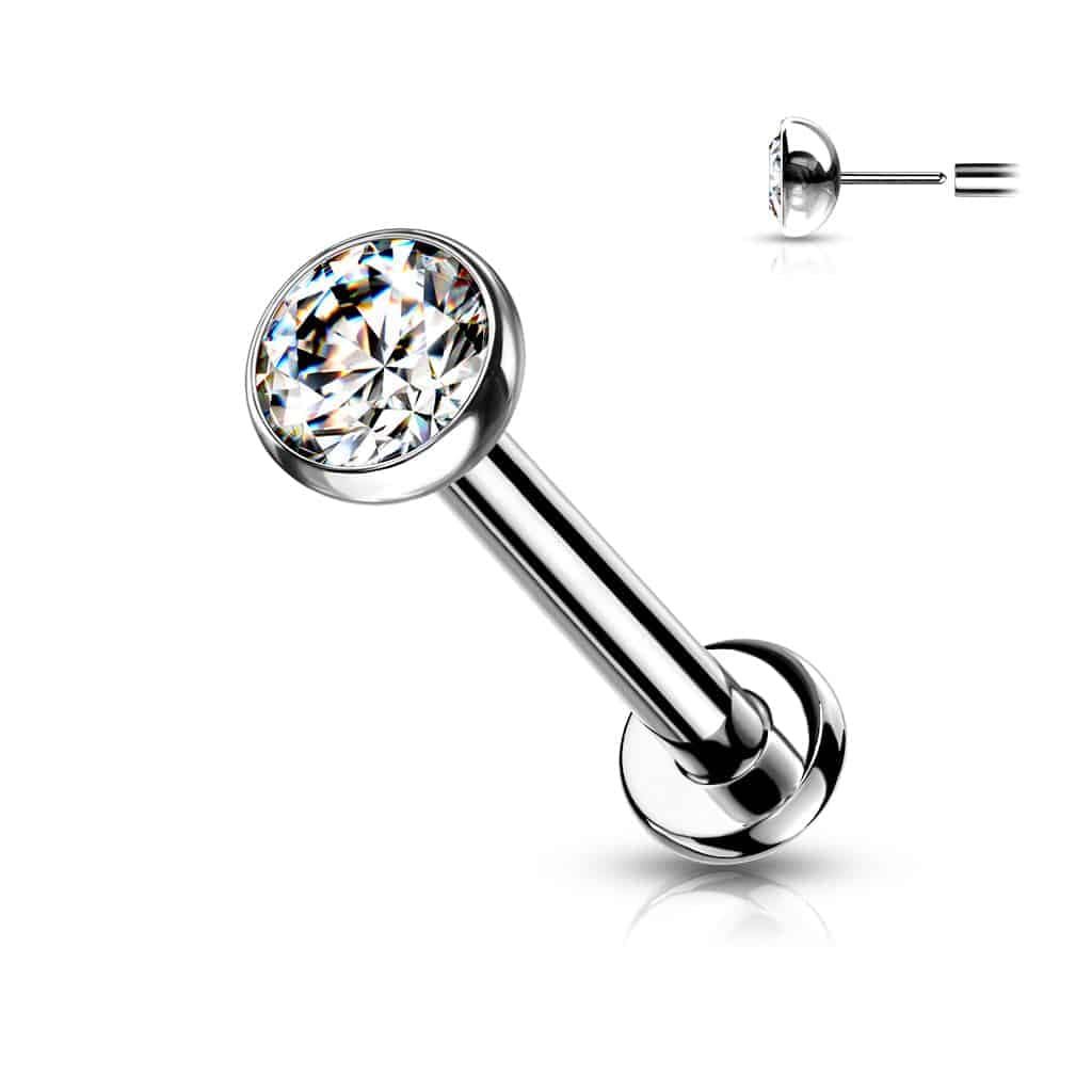 Titanium Threadless Push in Labret met CZ steentje in verschillende kleuren