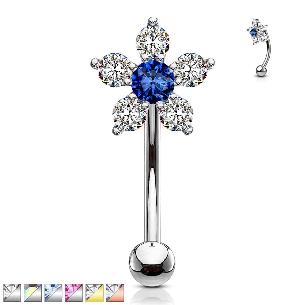 Gebogen barbell met CZ prong-set bloemetje in verschillende kleuren