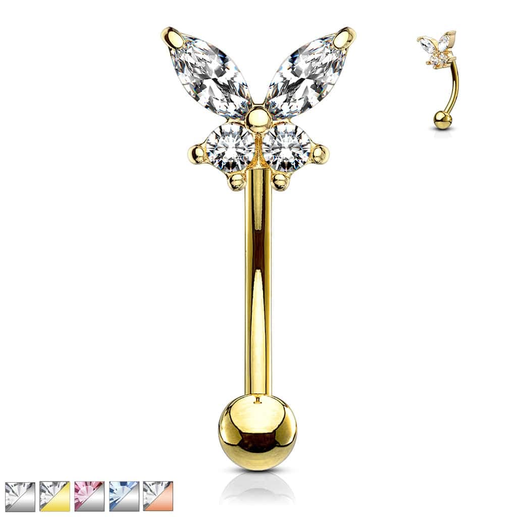 Gebogen barbell met CZ prong-set vlinder in verschillende kleuren