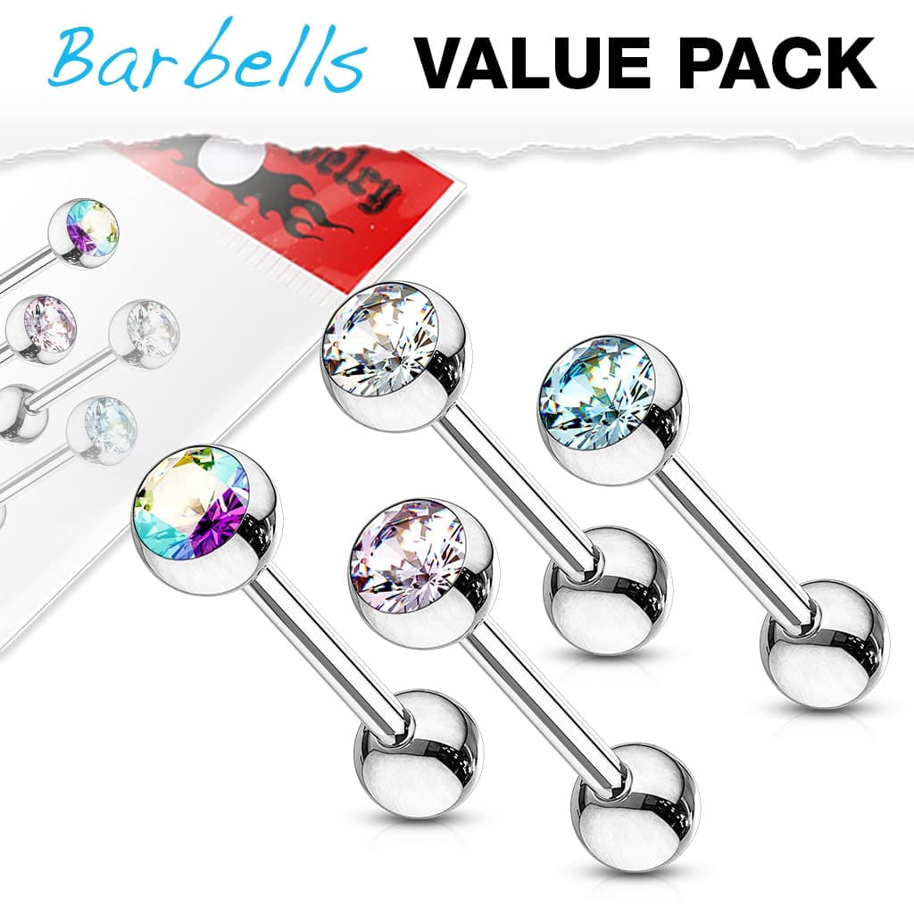 Set van 4 rechte barbells met gekleurde Gem steen