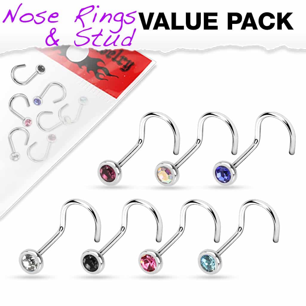 Set van 7 neus screw piercings met verschillende kleuren CZ stenen
