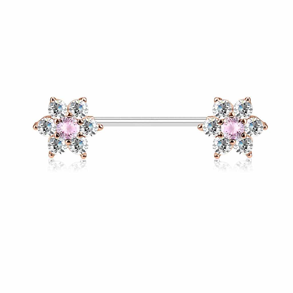 Tepelpiercing barbell met diamantjes in edelsteentjes (Kleur: Rose Goud, Steenkleur: Roze)