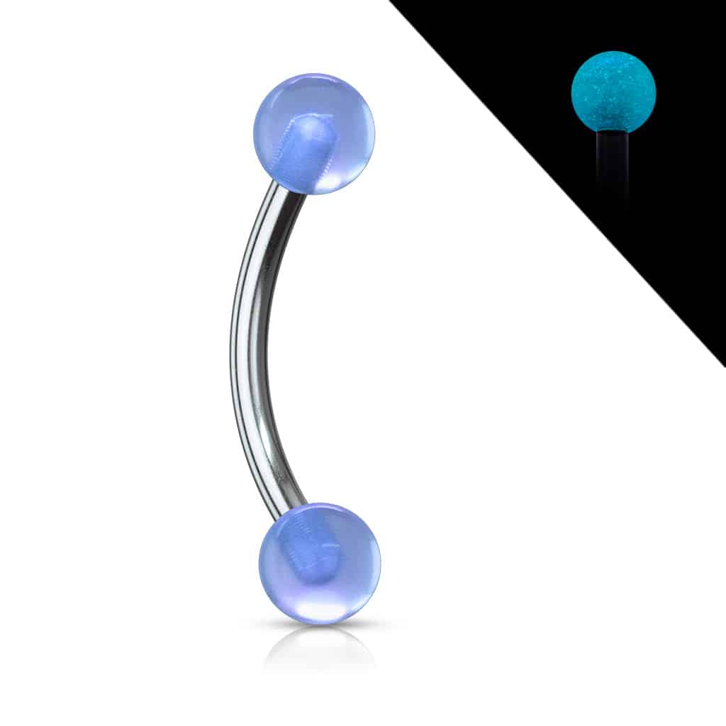 Gebogen barbell met 'Glow in the Dark' acryl balletjes in verschillende kleuren (Kleur: Blauw, Knop grootte: 3 mm, Lengte: 8 mm)
