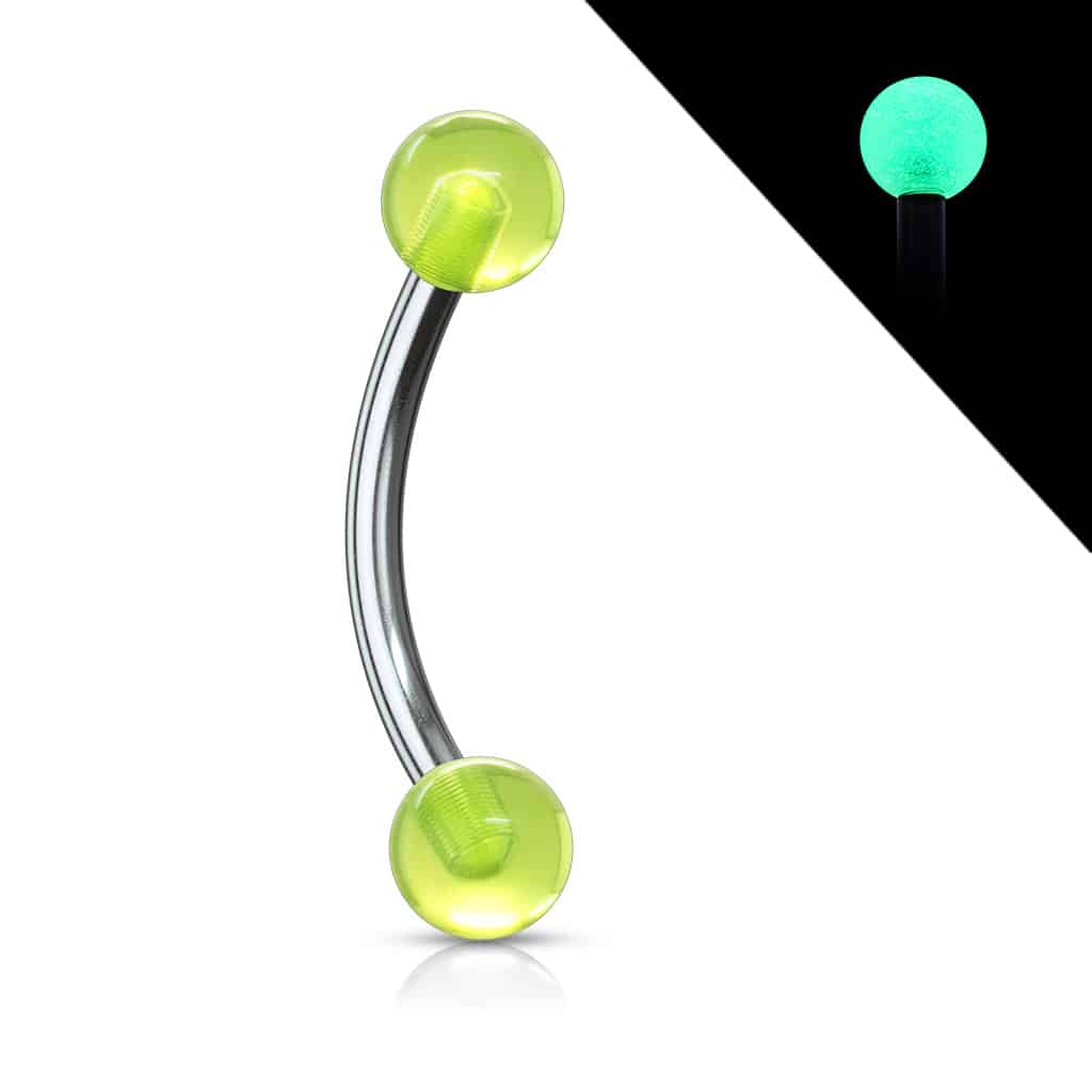 Gebogen barbell met 'Glow in the Dark' acryl balletjes in verschillende kleuren (Kleur: Groen, Knop grootte: 3 mm, Lengte: 8 mm)