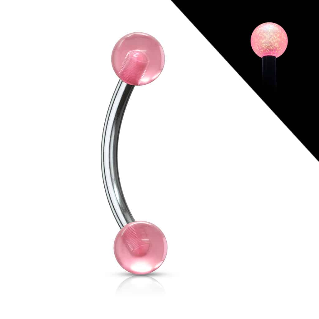 Gebogen barbell met 'Glow in the Dark' acryl balletjes in verschillende kleuren (Kleur: Roze, Knop grootte: 4 mm, Lengte: 10 mm)