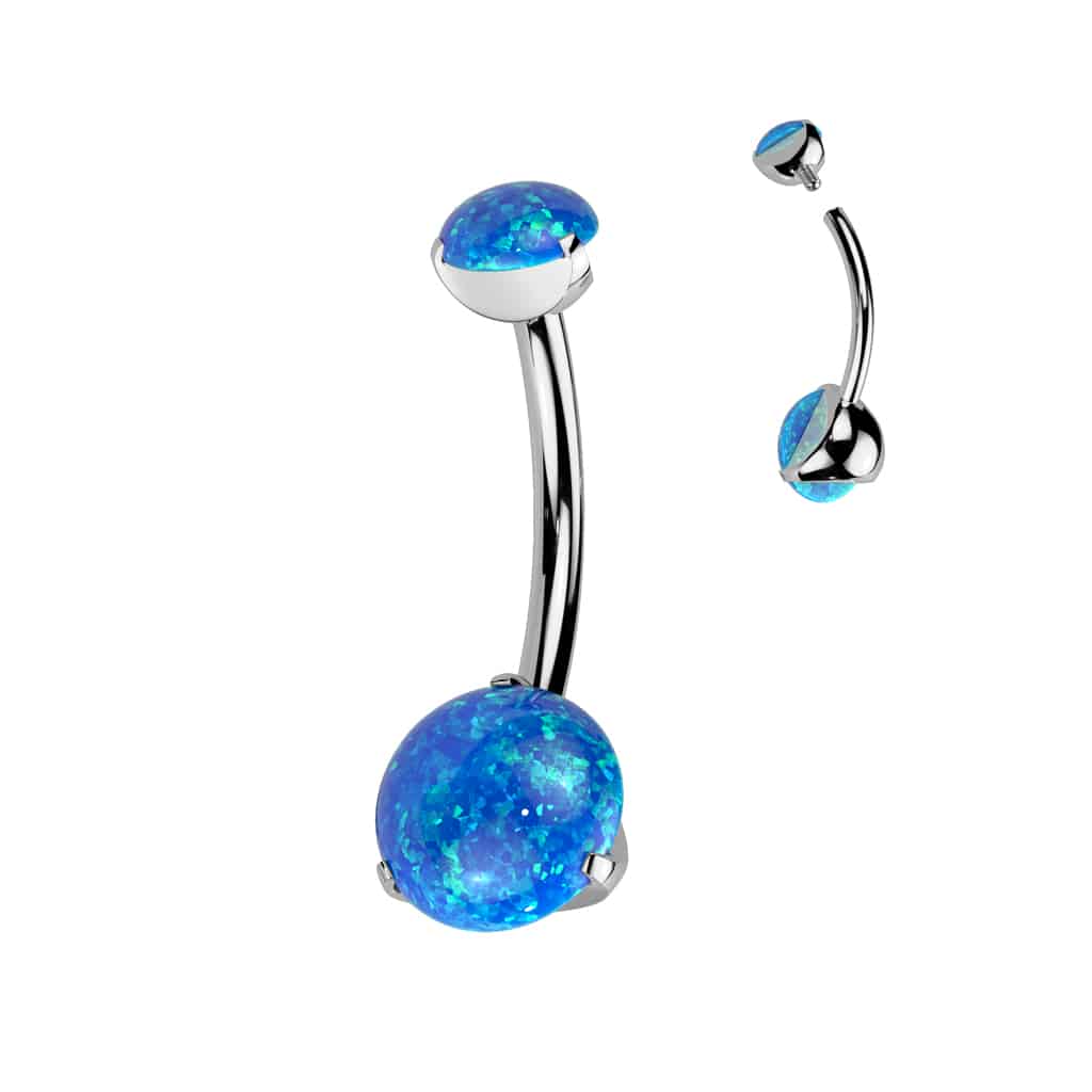Titanium navelpiercing intern geschroefd met dubbel opaal prong-set (Steenkleur: Opal Blauw, Knop grootte: 5 & 8 mm, Lengte: 10 mm)