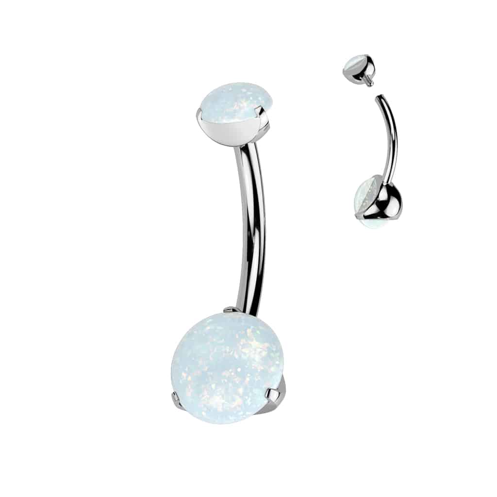 Titanium navelpiercing intern geschroefd met dubbel opaal prong-set (Steenkleur: Opal Wit, Knop grootte: 4 & 6 mm, Lengte: 10 mm)
