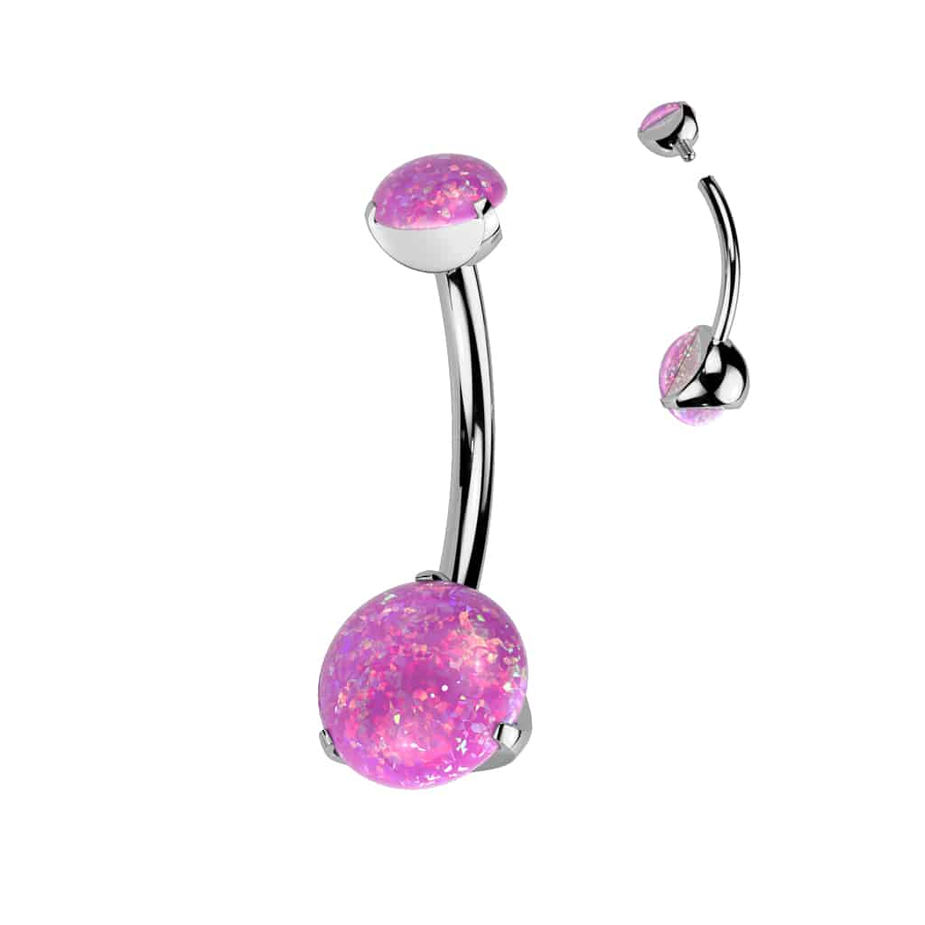 Titanium navelpiercing intern geschroefd met dubbel opaal prong-set (Steenkleur: Opal Roze, Knop grootte: 5 & 8 mm, Lengte: 10 mm)