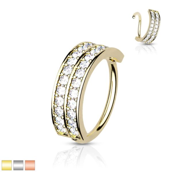 Piercing ring met dubbel omlijnde halve cirkel met ingelegde CZ steentjes