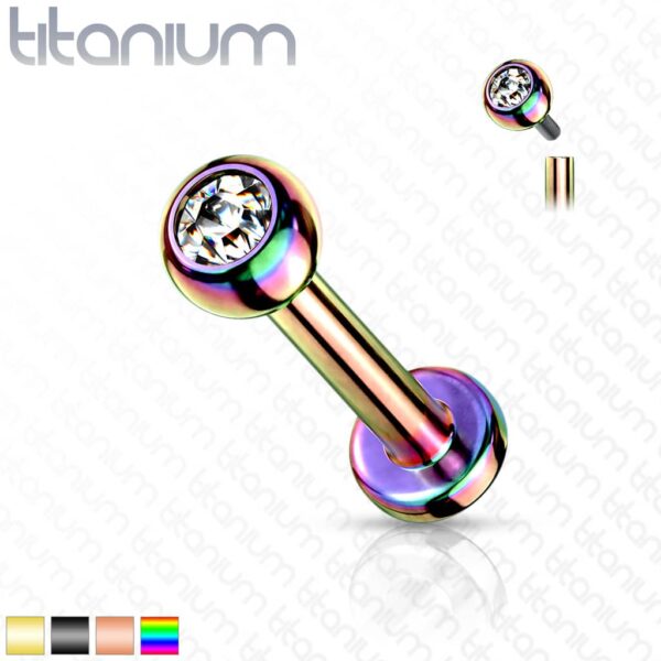 Intern geschroefde labret piercing van titanium in verschillende kleuren met kristal