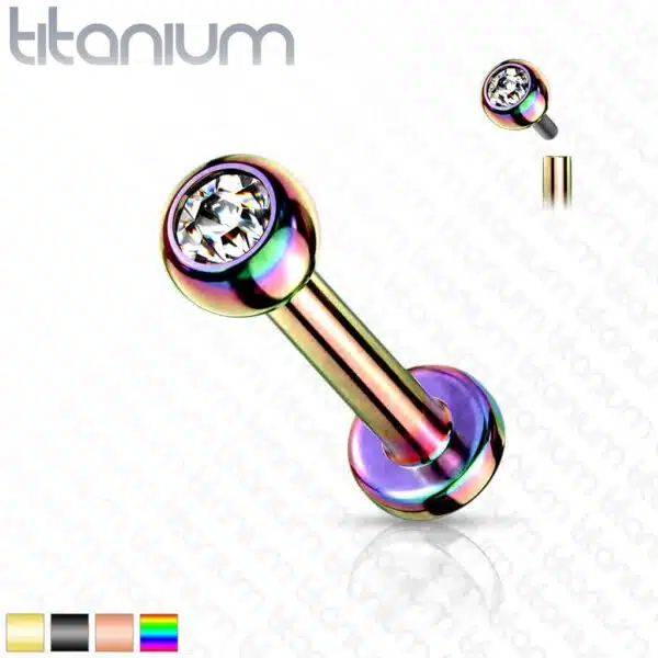 Intern geschroefde labret piercing van titanium in verschillende kleuren met kristal