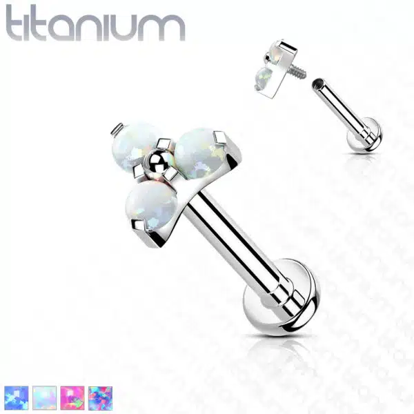 Titanium intern geschroefde labret piercing met 3 opaal balletjes