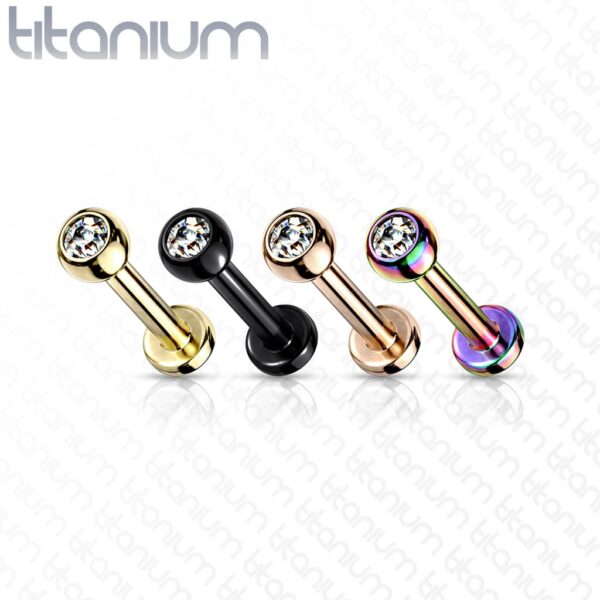 Intern geschroefde labret piercing van titanium in verschillende kleuren met kristal - Afbeelding 2