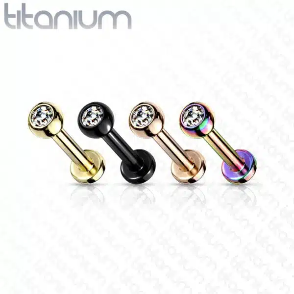 Intern geschroefde labret piercing van titanium in verschillende kleuren met kristal - Afbeelding 2