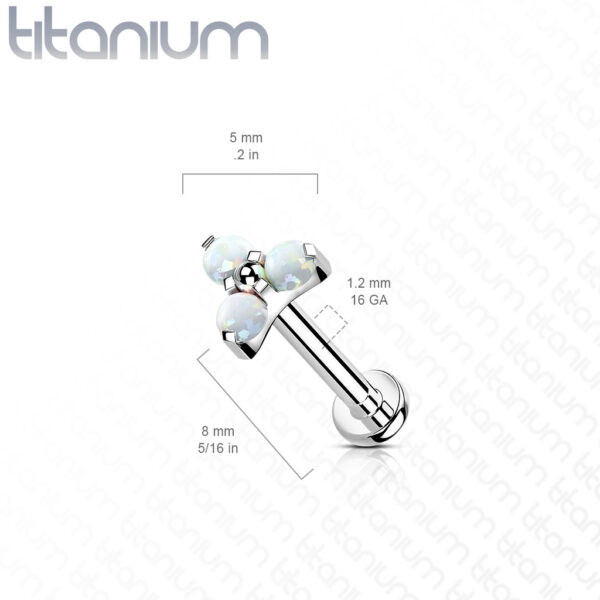 Titanium intern geschroefde labret piercing met 3 opaal balletjes - Afbeelding 2