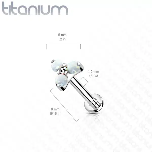 Titanium intern geschroefde labret piercing met 3 opaal balletjes - Afbeelding 2