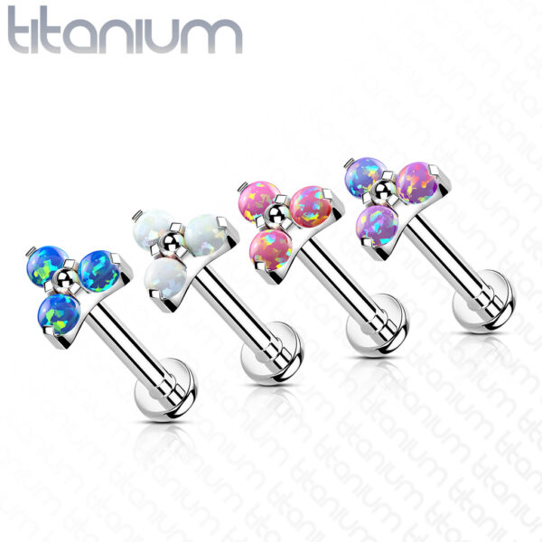 Titanium intern geschroefde labret piercing met 3 opaal balletjes - Afbeelding 3
