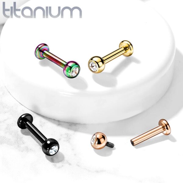 Intern geschroefde labret piercing van titanium in verschillende kleuren met kristal - Afbeelding 4