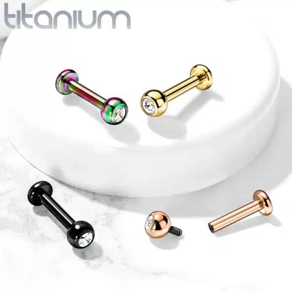 Intern geschroefde labret piercing van titanium in verschillende kleuren met kristal - Afbeelding 4