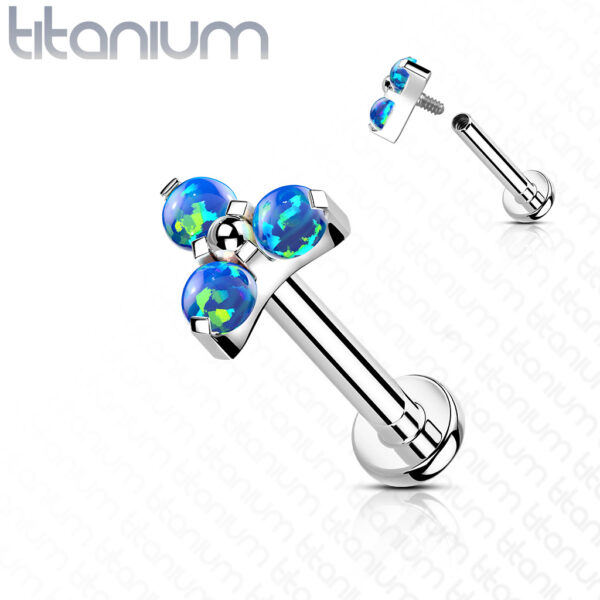 Titanium intern geschroefde labret piercing met 3 opaal balletjes - Afbeelding 5