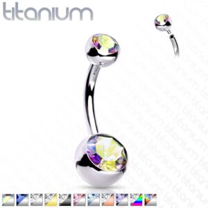 Titanium navelpiercing met dubbele steen in verschillende kleuren met intern schroefdraad