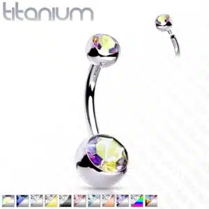 Titanium navelpiercing met dubbele steen in verschillende kleuren met intern schroefdraad