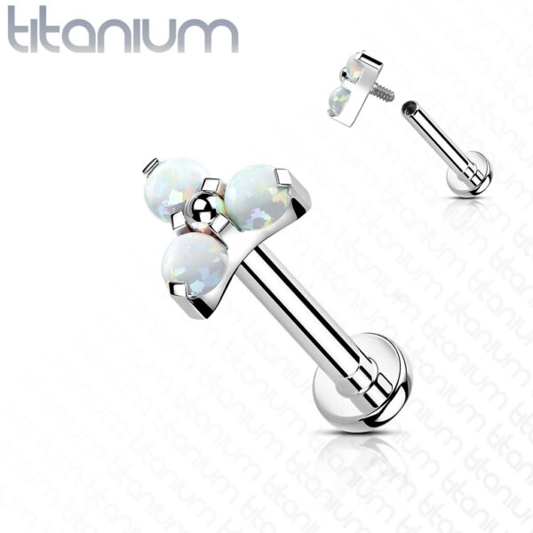 Titanium intern geschroefde labret piercing met 3 opaal balletjes - Afbeelding 6