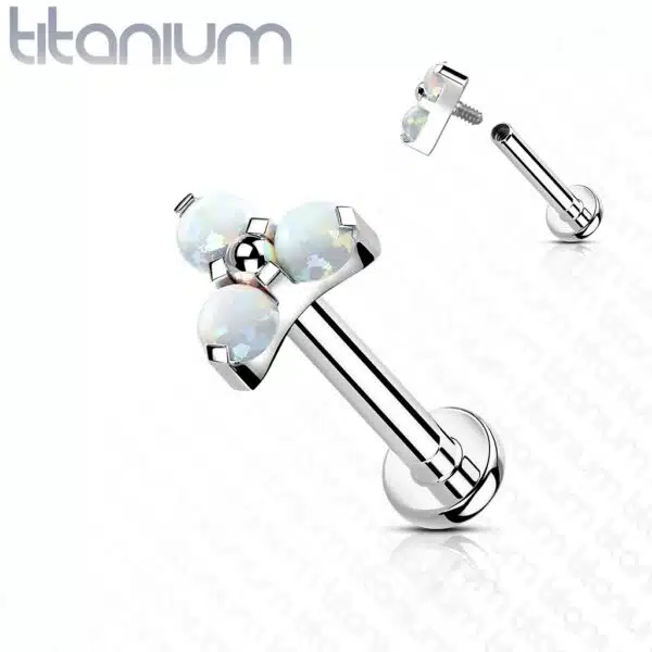 Titanium intern geschroefde labret piercing met 3 opaal balletjes - Afbeelding 6