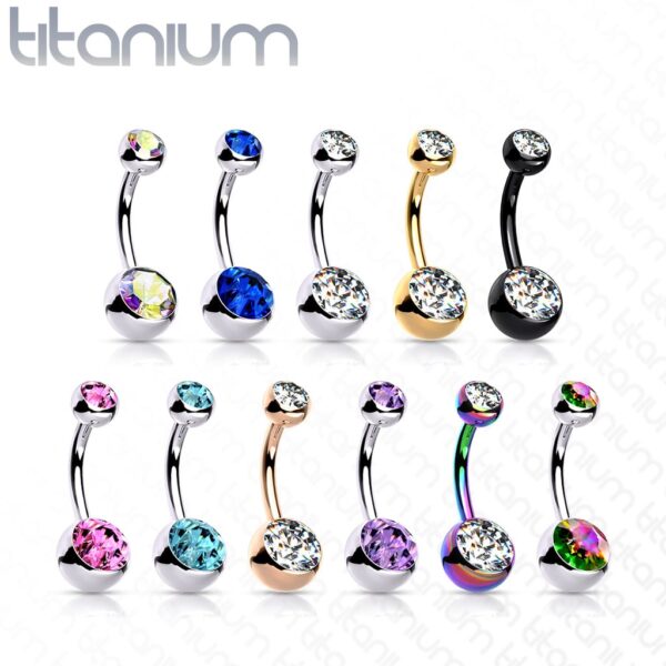 Titanium navelpiercing met dubbele steen in verschillende kleuren met intern schroefdraad - Afbeelding 2