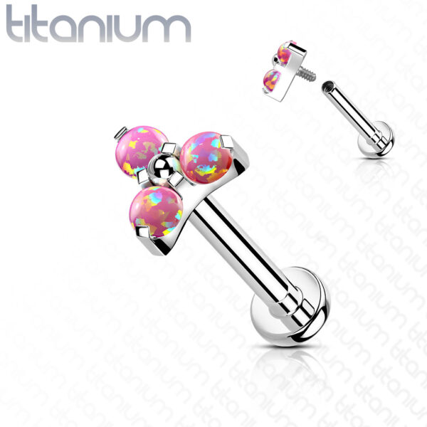 Titanium intern geschroefde labret piercing met 3 opaal balletjes - Afbeelding 7