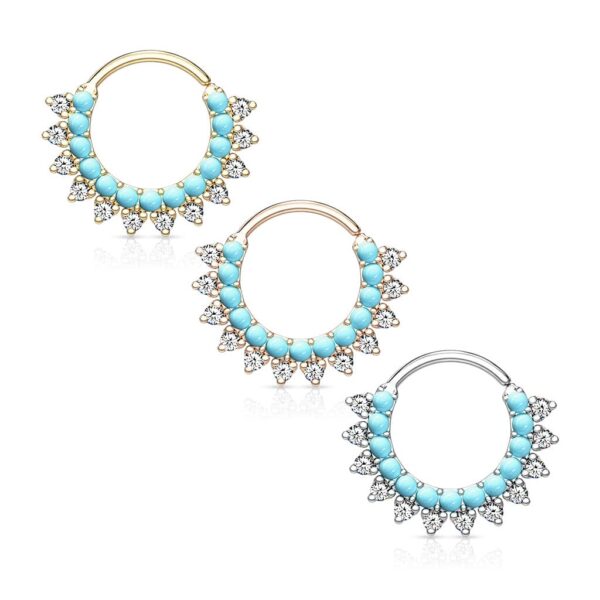 Piercing ring met turquoise en heldere CZ steentjes - Afbeelding 3