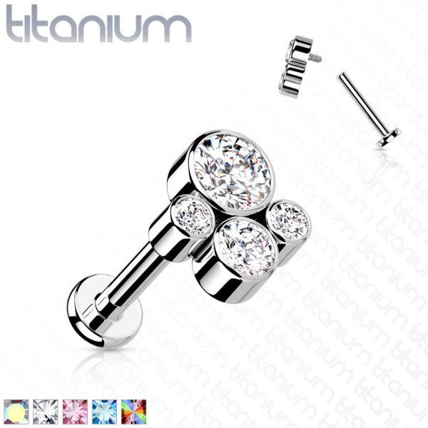 Titanium intern geschroefde labret piercing met 4 CZ stenen