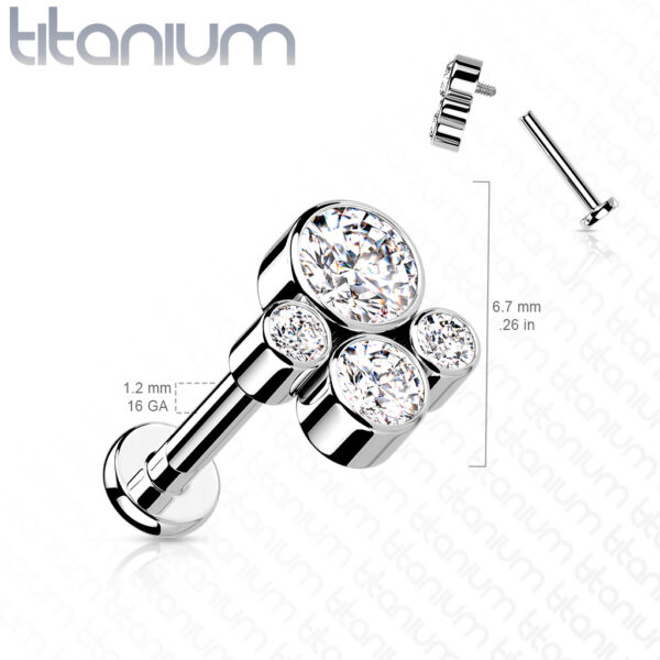 Titanium intern geschroefde labret piercing met 4 CZ stenen - Afbeelding 2