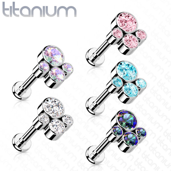 Titanium intern geschroefde labret piercing met 4 CZ stenen - Afbeelding 3