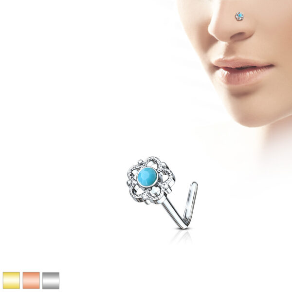 Neus stud piercing bloem filigraan met een turquoise steen