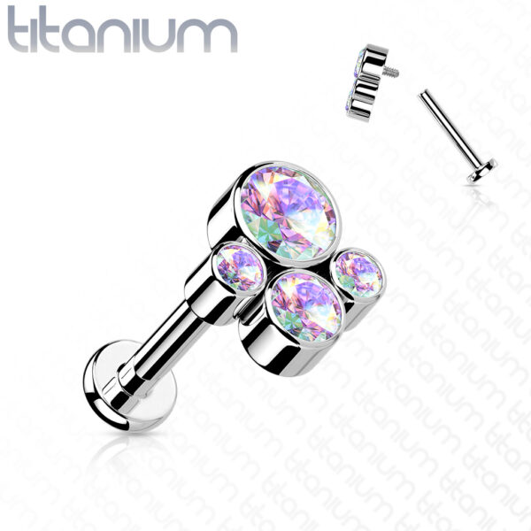Titanium intern geschroefde labret piercing met 4 CZ stenen - Afbeelding 5
