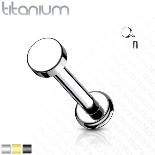 Intern geschroefde labret piercing van titanium met platte ronde top