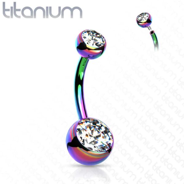 Titanium navelpiercing met dubbele steen in verschillende kleuren met intern schroefdraad - Afbeelding 11