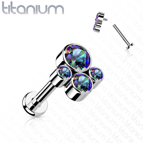 Titanium intern geschroefde labret piercing met 4 CZ stenen - Afbeelding 9