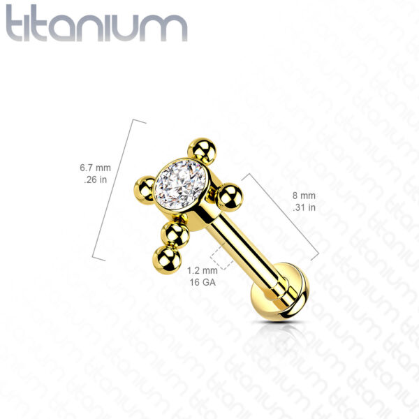 Titanium intern geschroefde labret piercing met balletjes in kruis en CZ steen - Afbeelding 2
