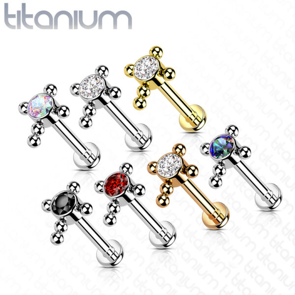 Titanium intern geschroefde labret piercing met balletjes in kruis en CZ steen - Afbeelding 3
