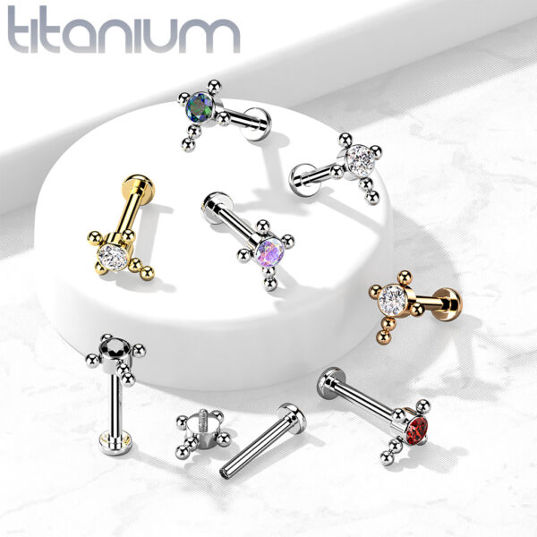 Titanium intern geschroefde labret piercing met balletjes in kruis en CZ steen - Afbeelding 4