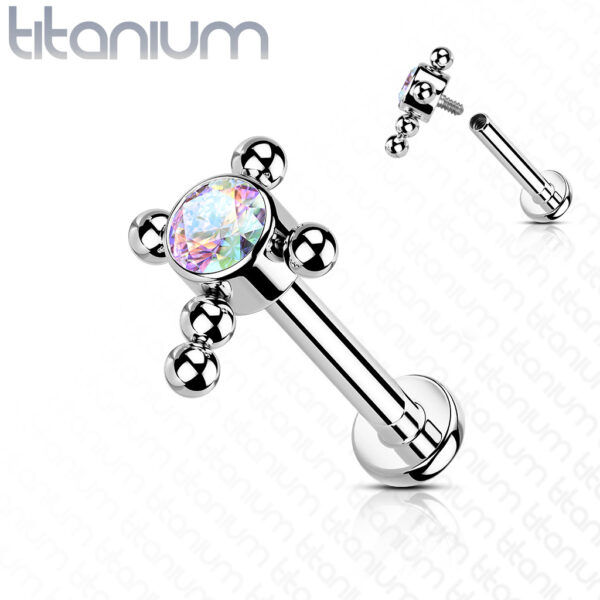 Titanium intern geschroefde labret piercing met balletjes in kruis en CZ steen - Afbeelding 5