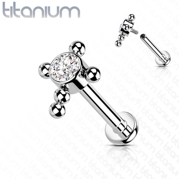 Titanium intern geschroefde labret piercing met balletjes in kruis en CZ steen - Afbeelding 6