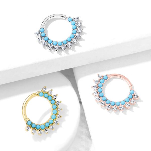 Piercing ring met turquoise en heldere CZ steentjes - Afbeelding 5