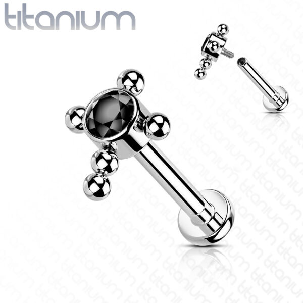 Titanium intern geschroefde labret piercing met balletjes in kruis en CZ steen - Afbeelding 8