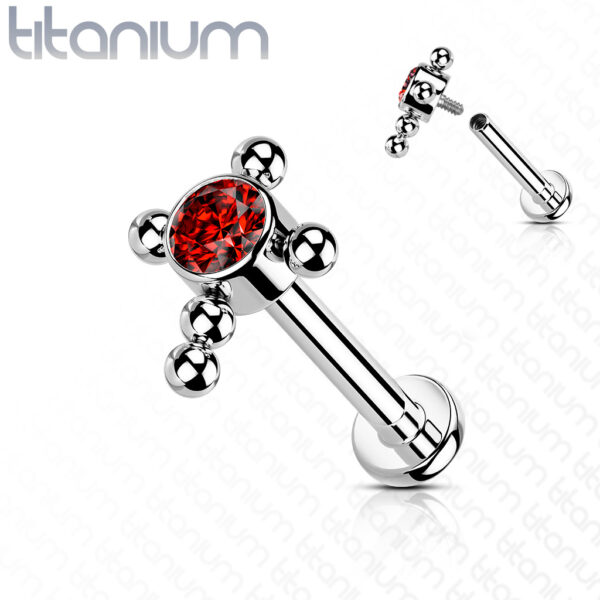 Titanium intern geschroefde labret piercing met balletjes in kruis en CZ steen - Afbeelding 9