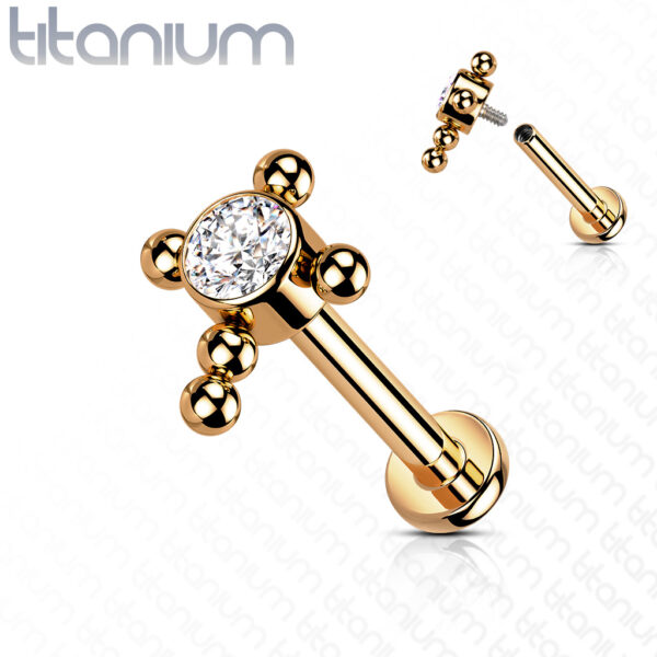 Titanium intern geschroefde labret piercing met balletjes in kruis en CZ steen - Afbeelding 10